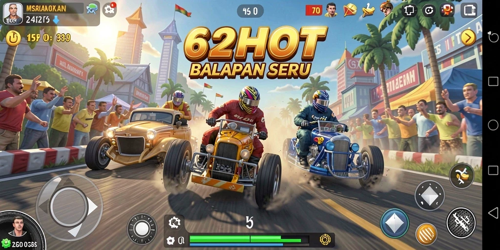Gameplay balap menegangkan di 62HOT dengan trek menarik.