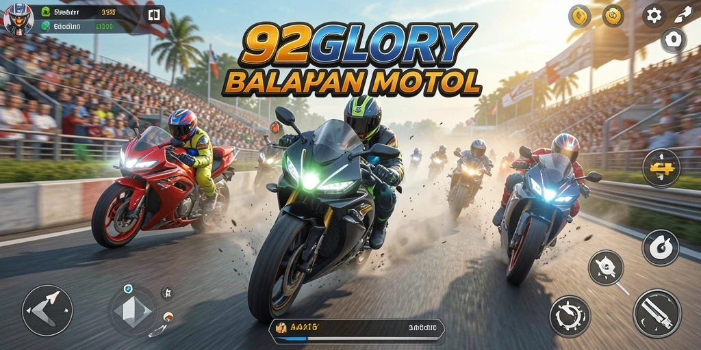 Screenshot gameplay 92GLORY menampilkan aksi balap motor mendebarkan.