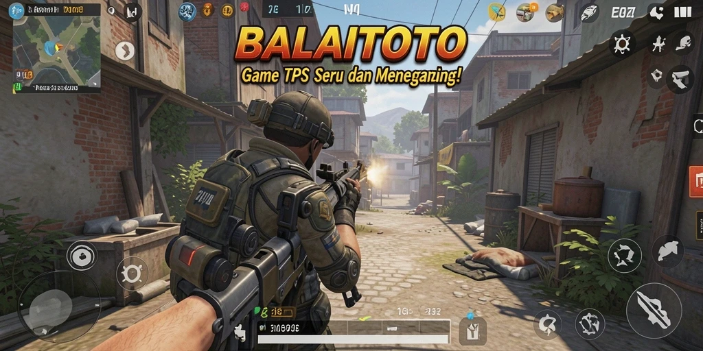 Screenshot utama BALAITOTO menampilkan aksi pertempuran TPS yang mendebarkan.