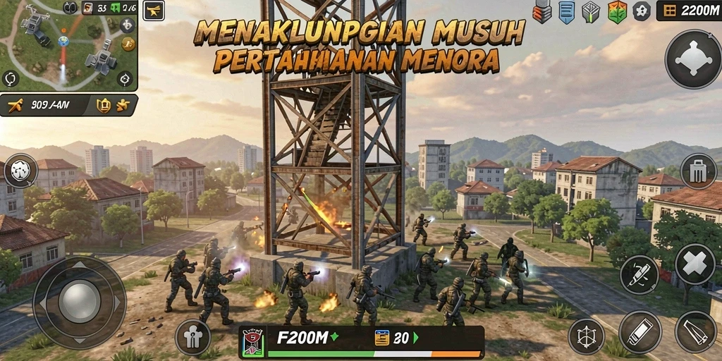 Screenshot gameplay F200M yang menampilkan aksi pertahanan menara yang seru.