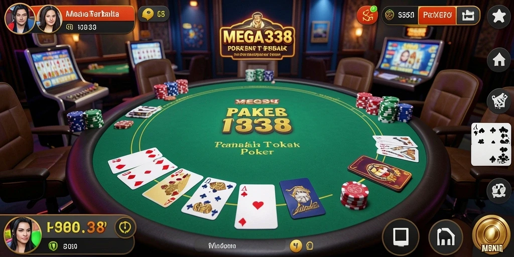 Screenshot gameplay MEGA338 yang menampilkan suasana permainan poker yang seru.