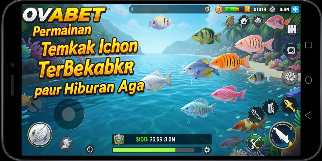 Screenshot utama OVABET menunjukkan aksi seru menangkap ikan.