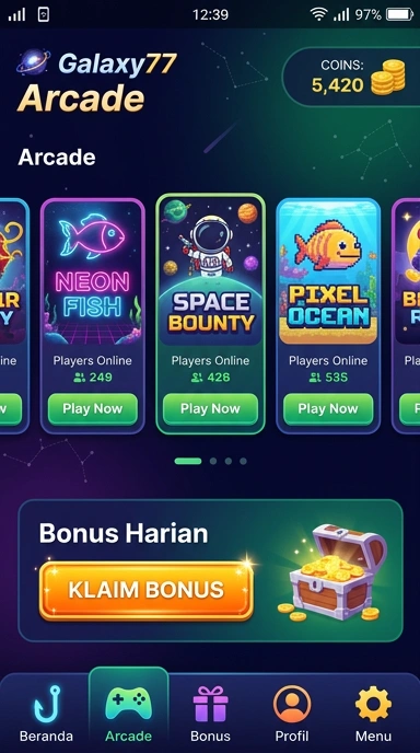 Tampilan utama aplikasi galaxy77 yang menarik dan mudah digunakan.